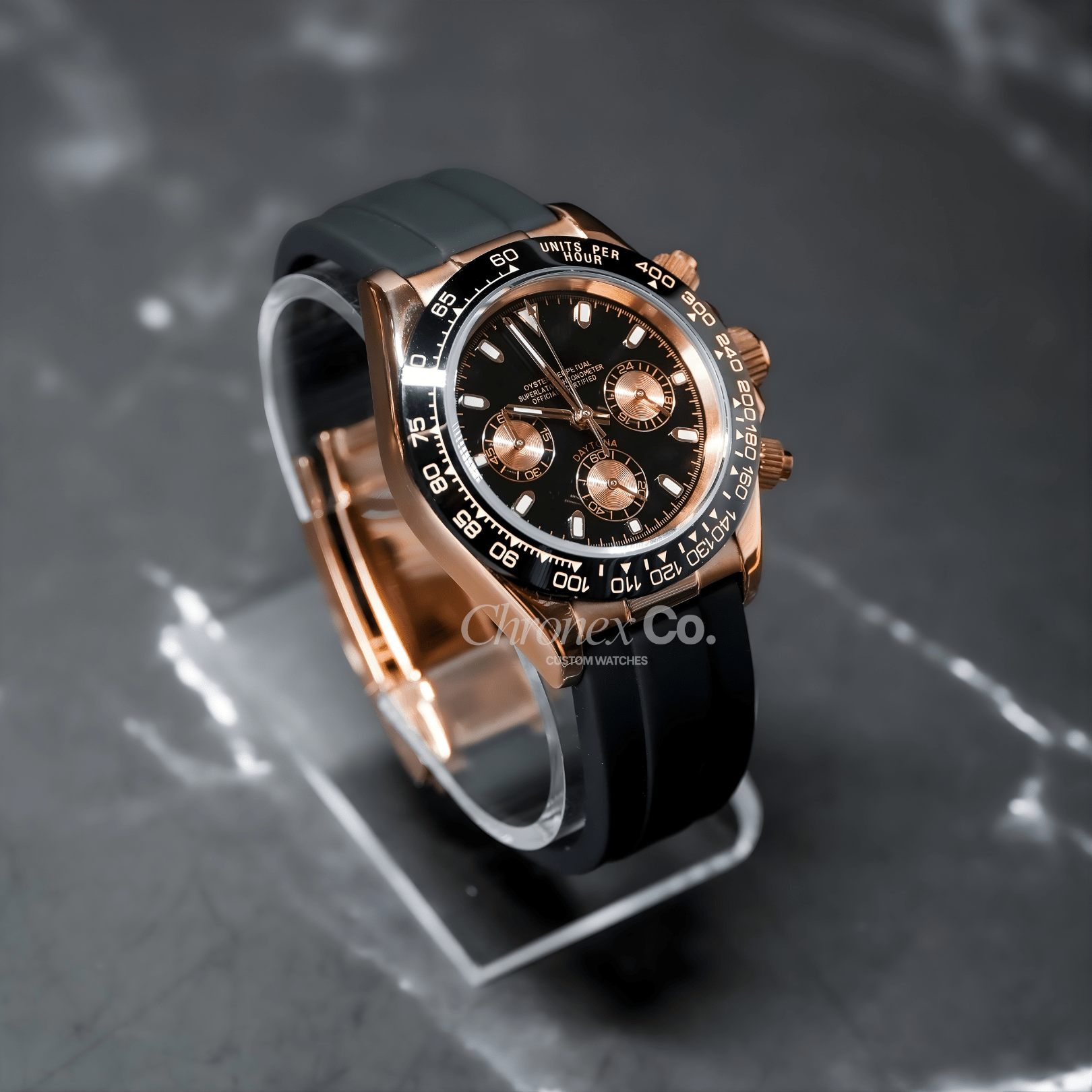 Daytona Rose Gold Black Seiko Mod Premium Quartz VK63 Sapphire Glass Stainless Steel

