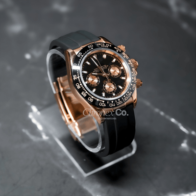 Daytona Rose Gold Black Seiko Mod Premium Quartz VK63 Sapphire Glass Stainless Steel
