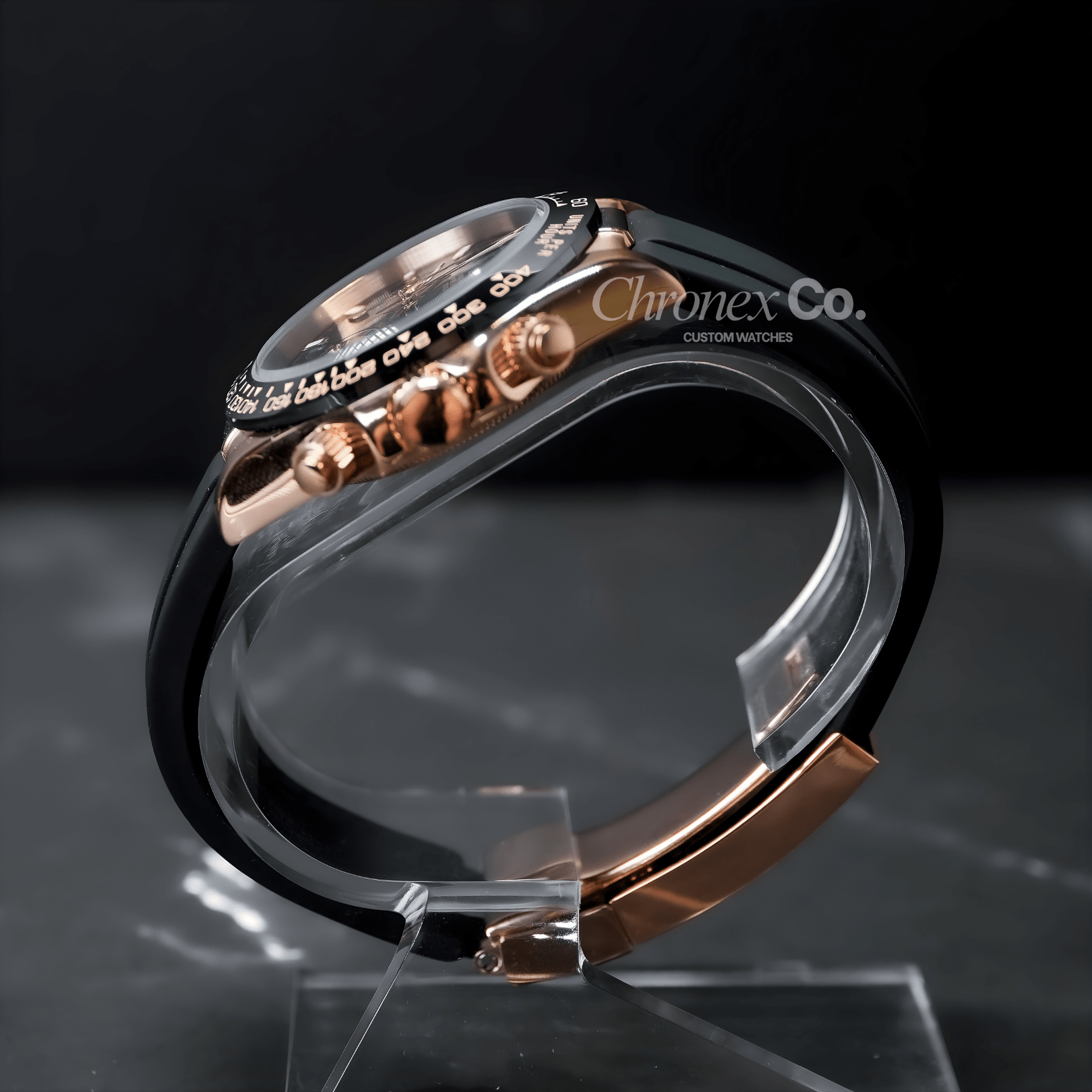 Daytona Rose Gold Black Seiko Mod Premium Quartz VK63 Sapphire Glass Stainless Steel